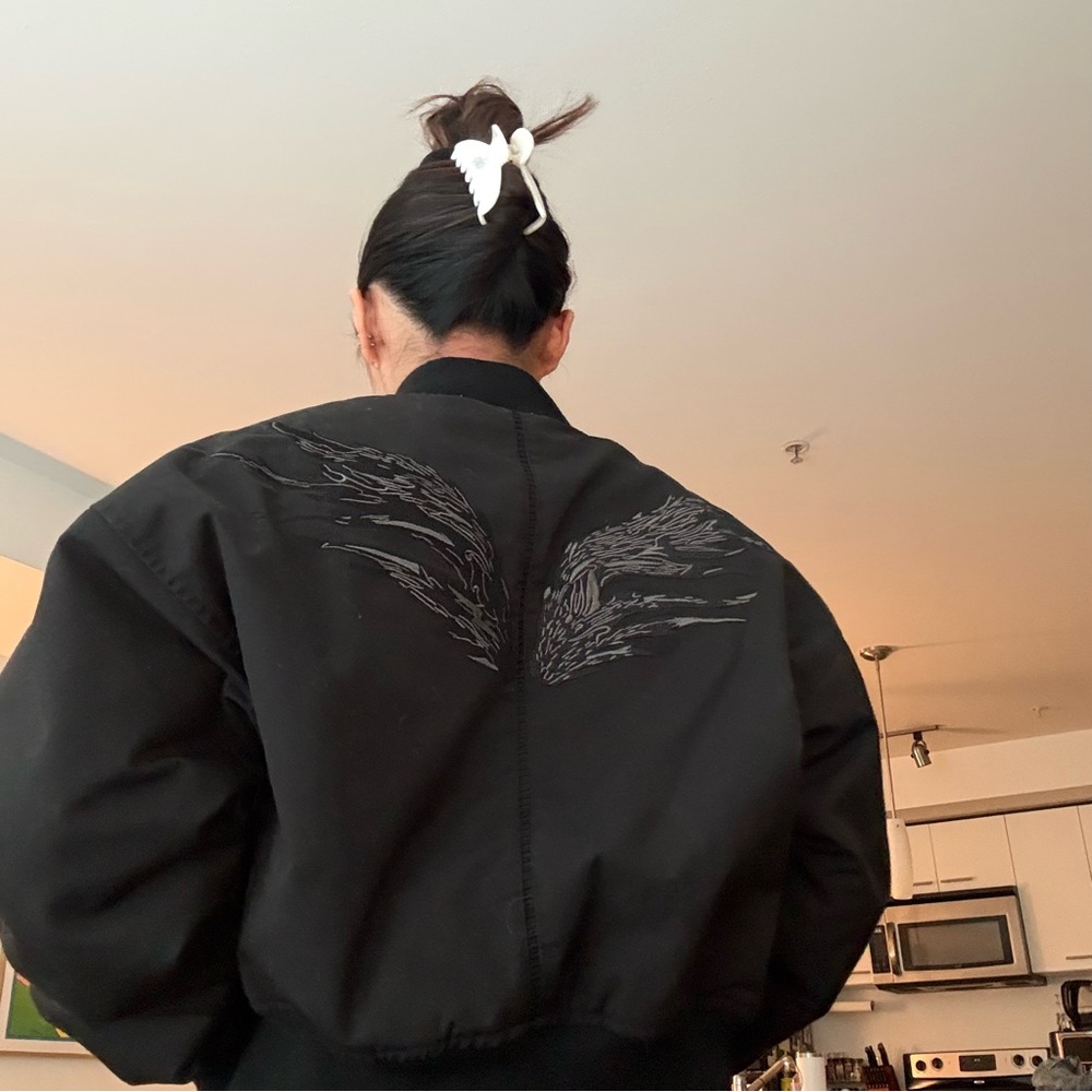 Black Bomber Jacket with angel wings